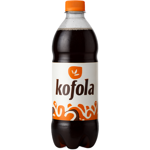 Realistic plastic bottle of dark Kofola with its typical label, slightly sweet and herbal soda inside. orange cap on top. full bottle, transparent plastic, realistic lighting