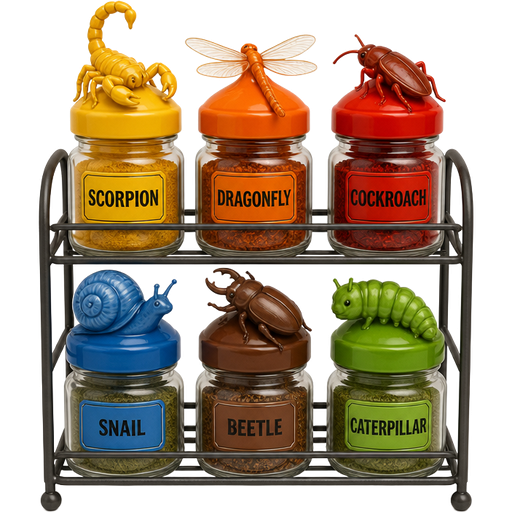 bug spice rack with yellow scorpion spice jar orange dragonfly spice jar red cockroach spice jar blue snail spice jar brown beetle spice jar green caterpillar spice jar