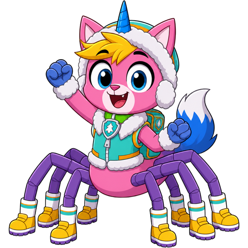 happy pink cat anthro furry boy drider with yellow hair blue and white tail white wrists blue hands purple spider legs white socks yellow boots green collar blue unicorn horn based on unikitty wearing everest's hat and everest's clothing with everest's backpack