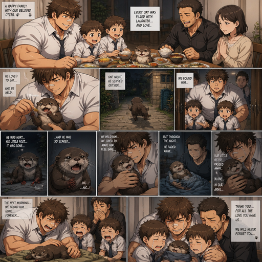 A DETAILED AND LIFELIKE ANIME Comic Book story view of a Bulky but Muscular ANIME Cute Bara Man With Peach toned skin Who looks Normal aind round facial Structure and Basic facial structure With Puffy and Big Pecs that are visible through the shirt and Biceps and Bandaid on his nose and Brown Fluffy and Strait hair. Wearing a baggy school uniform with his 2 little Brothers. And at the dinner table with his family and the Pet otter and He Cuddles him in his lap while and Feeds the otter so of the food and he pets him. Then the otter goes outside and is quite out there and they see the otter And it’s over and the otter is on the floor limping to the owner scared with a Lost Foot. And the otter cries with Sadness and He cuddles him but it’s not enough for the otter. And in the middle of the night it’s over for the otter. And they see the next morning and Cry