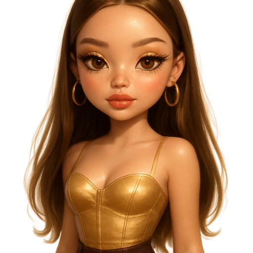 semi-realistic soft cartoon luxury glam, mini plush Bratz-doll aesthetic, cinematic glow, crisp clean detail, glossy glam skin. brown eyed Petite girl, fair skin with soft freckles, wide face with tall forehead, honey-brown almond wide-set upturned eyes, fluttery lashes, shimmer highlight, plush lips, bottom heavy lip, sweet Belle-princess vibe, long straight brunette hair with visible light blonde highlights, softly defined feminine body, soft hourglass shape with full round bust, fox liner, bronzy toasted glam makeup, glossy nude lips, wearing a fitted gold satin corset top and high-waisted chocolate trousers, gold hoops, soft waves in hair, glowing skin, gold sparkles. Cozy romantic glow, soft warm lighting, pop-princess energy