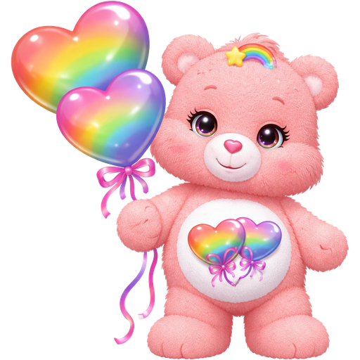 Daydream Coral Pink Care Bear with Two Tangled Rainbow Heart Balloons with One Balloon with a Pink String and Bow and the Other Being a Purple String with a Bow on the Stomach with a Pink Heart Nose
