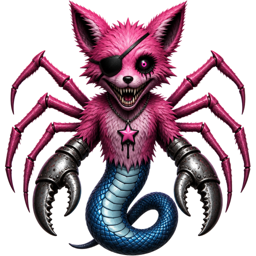 pink fox furry torso star necklace with eyepatch blue snake body with metal crab claws
pink spider legs
sharp teeth