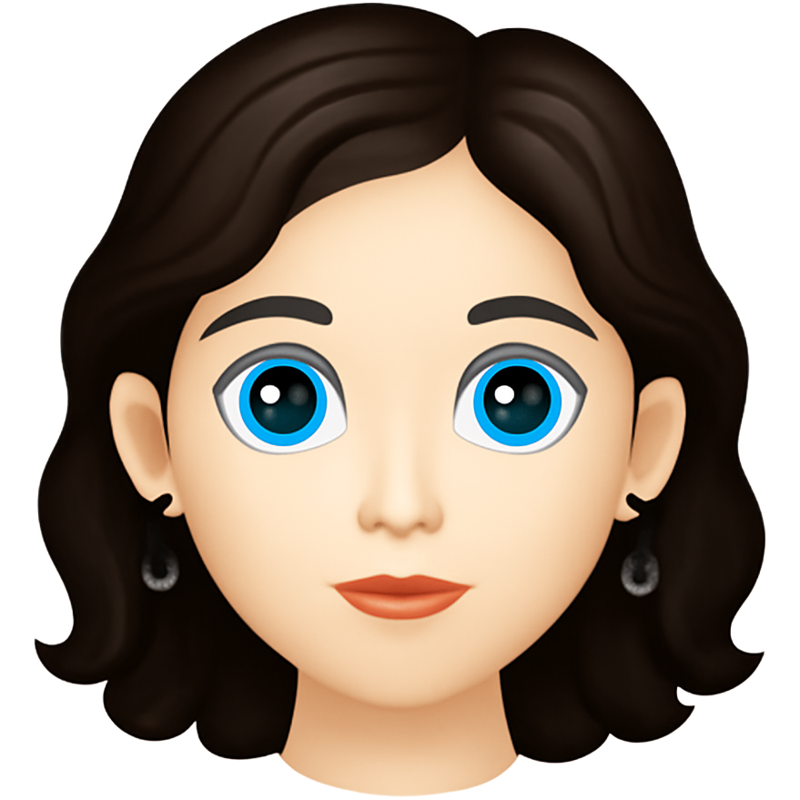A girl with pale white skin Dark brown wavy hair blue large eyes small nose natural lips normal ears black dangling earrings