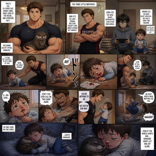 A DETAILED AND LIFELIKE LONG Anime Comic Book story view of a Bulky but Muscular ANIME Cute Bara Man With Peach toned skin Who looks Normal aind round facial Structure and Basic facial structure With Puffy and Big Pecs that are visible through the shirt and Biceps and Bandaid on his nose and Brown short hair that makes them look tough. Wearing normal With his pet Grown and healthy realistic otter and 2 little brothers and baby that are in different ages but young. At the house but the baby has a problem walking, the other is strong and buff and bulky and a jock and a huge nerd. and never help the baby and always let it fail. And they Hate the baby, and one day the baby flys to the floor from one of the brothers and red comes from the baby’s nose and is on the floor and stained a shirt. and the baby looks up at the brothers and tears filled his eyes. And the baby’s face jerks to the left from him. and he tells him to stop calling him any oni-Chan.and he lowers his head To his brother. and the baby flirs into the floor In it’s room from his grasp. And the baby has the otter to comfort him, but it‘s still sad.