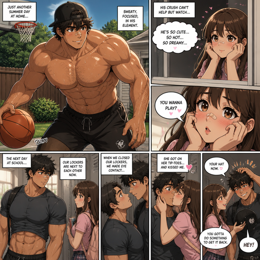 A Real life Full Body anime Comic Book view of a Bulky and Beefy sized Young adult a very Dark brown haired ANIME Cute Bara Man Who looks Normal and American with a round facial Structure and Basic facial structure With and Biceps and Bandaid on his nose. Playing Basketball in the front yard shirtless and with a baseball hat extremely sweaty And his crush can’t help but watch you play. Makes a Very Cute hot and Dreamy face at him and says you wanna play and his crush. Snaps out of the dreaming of him and the next day at school his locker is next to hers so when they close lockers they make eye contact and she got on her tipi-toes and kissed him and took hat as a joke and does something but to get it back and she tussles his hair. And he wears a Shirt that is tight around his waist that lets his abs show when he stray he’s