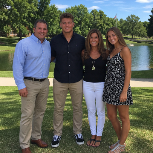 A Real life Full Body Image of an and Buff and Bulky and a lot of meat on him and Tanner Skin and Brown Spiked haired and Blue Eyed High Schooler. And Takes a Picture with his family at a beautiful park