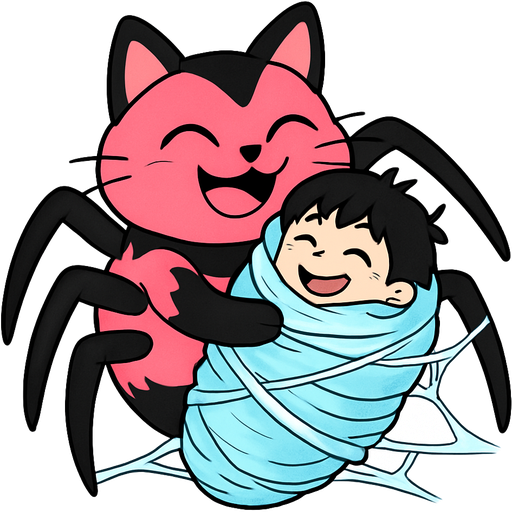a happy giant pink and black cat spider hybrid hugging tightly #B8FFFF slikworm cocooned pod black haired boy happy covered with #B8FFFF huge coating of #B8FFFF slik and huge #B8FFFF slik wrappings and huge #B8FFFF webbing wrappings #B8FFFF