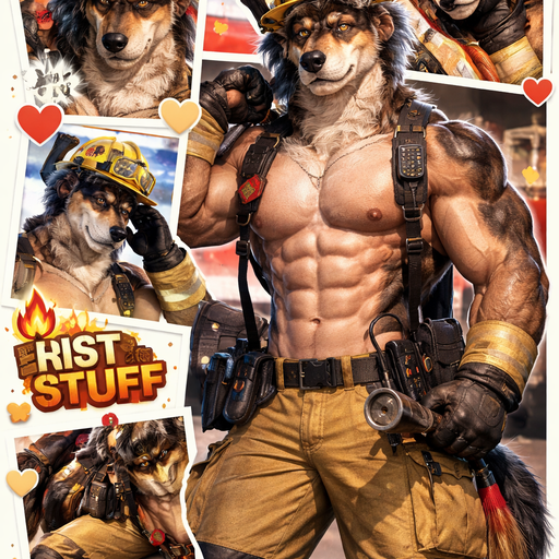 A Full Body and Facial Image of a Hunky and Chunky a Very Hot and Handsome German Shepard mixed with a Australian Shepard bara furry who is a Firefighter and Extremely muscular but not to muscular and Extremely Masculine and Handsome and Ginormous Arms and a Rounded Pecs very Short Strait Hair but tall and a little bit lean. Wearing Fireman gear and Helmet blushing