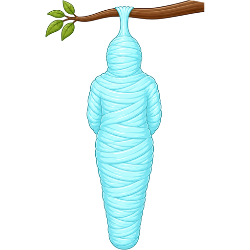 #B8FFFF sticky slik mummy-like-cocoon human entombed wrapped up and mummified fully covered in a #B8FFFF spider slik cocoon shaped like human with arms behind back with #B8FFFF spider slik wrappings completely covered with thick layers non-transparent #B8FFFF spider slik wrappings #B8FFFF hanging to branch