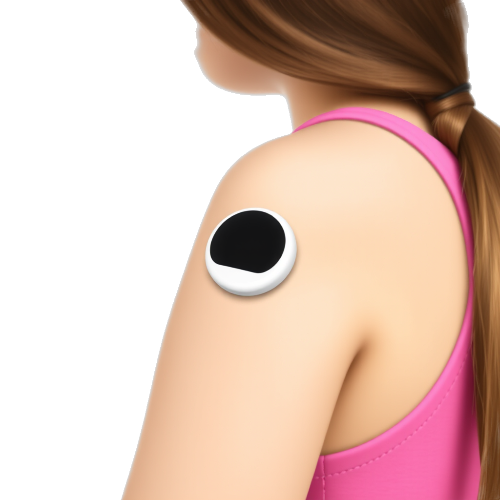 Girl wearing a white circular blood glucose sensor (Freestyle Libre) on the back of her arm, positioned below the shoulder and above the elbow.”