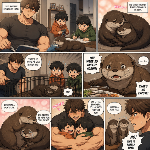 A DETAILED AND LIFELIKE ANIME Comic Book story view of a Bulky but Muscular ANIME Cute Bara Man With Peach toned skin Who looks Normal aind round facial Structure and Basic facial structure With Puffy and Big Pecs that are visible through the shirt and Biceps and Bandaid on his nose and Brown Fluffy and Strait hair. Wearing normal With his pet Grown and long and healthy otter and 2 little brothers that are in Late elementary grades. And they are in the house minding their businesses, And the otter’s brother snuggles them too but both are scared of the bigger brother. And the brother puts him the otter in his pen. And the otter Snuggles his twin in the pen. And the Otter gets out to eat dinner and disciplines him for being greedy and his twin otter comforts. And has a shoulder to cry on. And the big brother snuggles his little brothers in on hug Cause of his big frame and Huge Arms and the otters feel left out and ask if they can join but the big brother says no fiercely