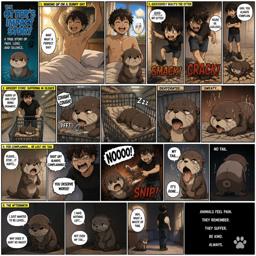 A Long COMIC BOOK and shows the otter’s impact story Waking up in the morning on a Sunny day and no cin pajamas and his pet otter but Excessively bully’s the otter and it crakes the floor. in the grocery store and the Otter coughs up Saliva and takes a nap in the cart and gets dehydrated and sweaty. But the otter losses its tail due to complaining. And doesn’t have a tail now