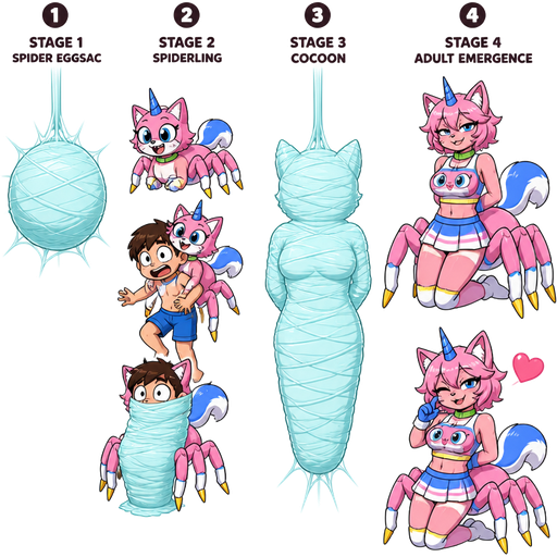 life cycle of anthro femboy pink cat drider with blue and white tail white wrists blue hands white ankles yellow tips on spider legs green collar blue unicorn horn wearing femboy clothing based on unikitty metamorphosis transformation 1st stage #B8FFFF spider eggsac 2nd stage pink spider cat hybrid next to 1 pink spider cat hybrid latching on a kid in blue shorts and 2 wrapping around kid in blue shorts whole body and head with #B8FFFF silk webbing 3rd stage cocoon wrapped up and mummified fully covered in a #B8FFFF spider slik cocoon shaped like anthro femboy cat anthro behind back with #B8FFFF spider slik wrappings completely covered with thick layers non-transparent #B8FFFF spider slik wrappings hanging on #B8FFFF slik wrappings 4th stage adult 1 anthro femboy pink cat drider with blue and white tail white wrists blue hands white ankles yellow tips on spider legs green collar blue unicorn horn wearing femboy clothing based on unikitty emerges from its wrapped up and mummified fully covered in a #B8FFFF spider slik cocoon shaped like anthro cat anthro arms behind back with #B8FFFF spider slik wrappings completely covered with thick layers non-transparent #B8FFFF spider slik wrappings hanging on #B8FFFF slik wrappings 2 anthro femboy pink cat drider with blue and white tail white wrists blue hands white ankles yellow tips on spider legs green collar blue unicorn horn wearing femboy clothing based on unikitty with a heart briefly appears