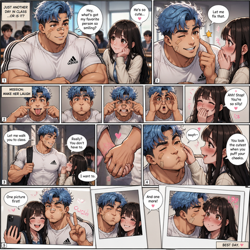 A Full page Anime Comic book story about of a masculine and Bulky ANIME Cute Bara Man American 20 year old with a ROUND and BASIC facial structure not to detailed With bigger than average Pecs that are visible through the shirt and Biceps and Bandaid on his nose and Left Cheek and Right Eye brow warring. Wearing a no piercings Baggy White Adidas Athletic shirt and Short and Light blue Korean Permed Hair and Black Roots and Strait with brown eyes. In class flirting with his crush and make faces to make her laugh and Then she blushes. And makes more funny faces just to see her laugh. And then. Let me walk you to class and holds her hand and she says you look the cutest when you puff your cheeks and she grabs his cheek and he posses for a Picture and the second picture he kisses her on the cheekkisses her