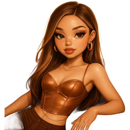 luxury glossy bratz-anime romantic aesthetic, warm cinematic glow, crisp clean detail, glossy glam skin. petite girl, warm soft-autumn tone, fair skin, honey-brown almond eyes, soft freckles, warm toasty glam makeup, glossy nude lips, flutter lashes, sweet Belle-princess vibe, long brunette honey balayage hair with visible light honey blonde highlights, satin bronze corset with sweetheart neckline, low-rise chocolate pants, gold body chain draped at the waist; honey-straight hair tucked behind one ear; caramel glossy lips, bronze shimmer lids; chunky hoops, french-tip nails; reclining on velvet couch, pop-princess energy, shimmer highlight, sparkly glow