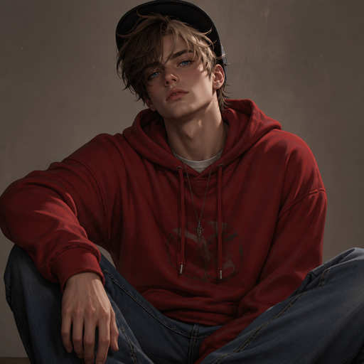 Man ice cream style hair brown with black hat blue eyes red hoodie jeans realistic