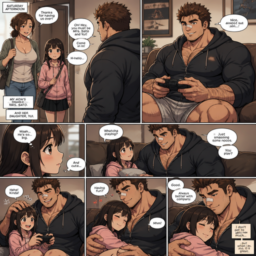 A ANIME LIFELIKE Comic Book Story of a Bulky but Muscular ANIME Cute Bara Man With Peach toned skin Who looks Normal and a huge and Masculine round facial Structure and Basic facial structure With Puffy and Big Pecs that are visible through the shirt and Biceps and Bandaid on his nose and Brown Spiky hair and His Hair Curls At the tip of strands. Wearing a hoodie and short shorts and has a Hairy body and looks very manly like a Dad but isn‘t one and Attractive and Hot. His Mom‘s friend comes over and Brings her daughter, And the Mom‘s friend‘s daughter sees him playing video games and they talk and Cuddle with the daughter,