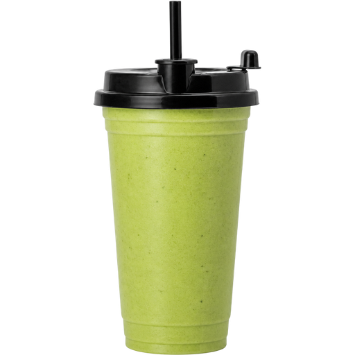 Smoothie with a 32oz PP Injection Cup and a Premium Plastic PP Black Lid with an Attached Stopper including a Straw on Top of It Blended with Avocados, Lime, Spinach and Pineapples and It’s Light Green