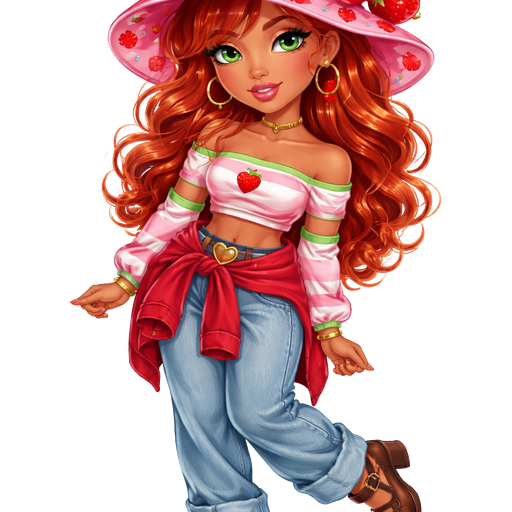 Strawberry Shortcake in a Soft 4K Intense Polished Shine as a Having a Mature Adult Toned Build with a Cool Medium Buff Skin Tone in a Vivid and 3D Distinct Features and High Visual Textures with Enhanced Airbrushed Lighting and a Natural Toned Shape with Wispy Shaped Eyelashes and Soft Angled Eyebrows with Upturned Eyes and Copper Red Curly Hair with a Gold Eyeliner Makeup Style Set Look also adding Downward-Turned Lips and a Milkshake Lipstick Finish Color Texture, Green Eyes, Also wearing a Pink Sunhat with Strawberries all over it and Red Ribbon with it along with a Strawberry on the Pink, White and Green Bow and a Red, Pink, Green and White Long Sleeve Shirt with Baggy Blue Jeans, Brown Close Toed buckle Up Shoes and a Red Jacket Tied Behind her waist