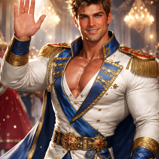 A Real life Full Body Image of a Hunky and Muscular, Handsome and Masculine Prince with Brown Spiked hair and Blue eyes and with Chunky Arms and Pecs and Very Stocky Body. Wearing A Prince Cloths that show his Pecs. Sunburned under his eyes. Waving at you at a Grand Ball