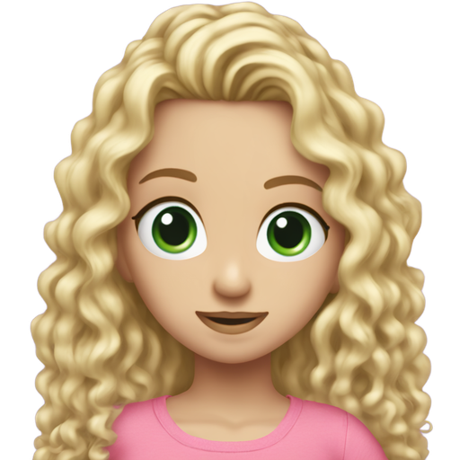 A hot pale girl with long blonde curly hair and green eyes, wearing a pink top and ripper blue skinny jeans