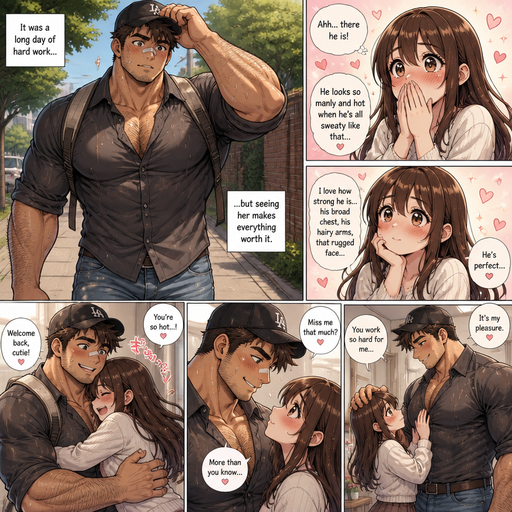A REALISTIC AND LIFELIKE Comic Book long Story of a Bulky but Muscular ANIME Cute Bara Man With Peach toned skin Who looks Normal and a huge and Masculine round facial Structure and Basic facial structure With Puffy and Big Pecs that are visible through the shirt and Biceps and Bandaid on his nose and Brown Spiky hair and His Hair Curls At the tip of strands. Wearing a nice shirt AND jeans with a Baseball Hat with and has a Hairy body. And His Girlfriend Loves how manly he is and He Walks to her Sweaty and Hot