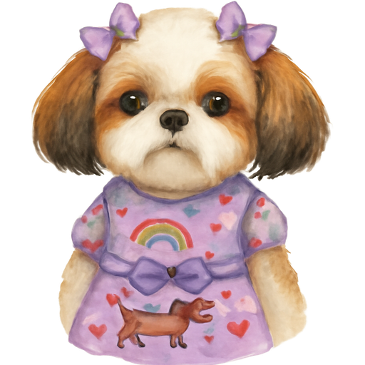 Hazme una perrita shihtzu con pelaje blanco con café, monitos en la cabeza lila, orejas cafés claras y en la punta café oscuras, con un vestido lila que tenga estampado de arcoíris pequeños con nubes al final y corazones rosados pequeños en todo el vestido y en la cintura un mono morado ladrándole a un perrito salchicha de manchitas