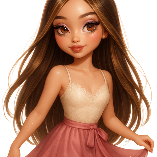 luxury glossy bratz-anime romantic aesthetic, warm cinematic glow, crisp clean detail, glossy glam skin. petite girl, soft-autumn tone, fair skin, honey-brown almond eyes, soft freckles, round moderate bust, sweet Belle-princess vibe, very long brunette honey balayage hair with visible light honey blonde highlights, luxury glossy bratz-anime romantic aesthetic, warm cinematic glow, crisp clean detail, glossy glam skin. petite girl, soft-autumn tone, fair skin, honey-brown almond eyes, soft freckles, round moderate bust, sweet Belle-princess vibe, very long brunette honey balayage hair with visible light honey blonde highlights, soft lace cami + ballet wrap skirt, twirling skirt, acting like a fairy menace, hair: sleek glossy straight, makeup: rainbow marshmallow shimmer pop, pop-princess energy, shimmer highlight, sparkly glow