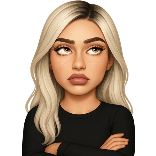 28 year old baddie with full but not too big lips a slight bumpy nose high cheek bones with freckles hazel eyes long lashes very fair skin with long slightly wavy ice blonde hair and dark roots parted to the side rolling her eyes with her arms crossed