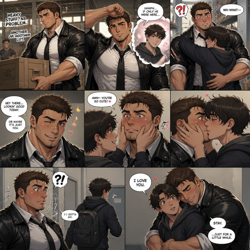 A Real life Anime comic book of a Chunky but Muscular and more Muscle than Fat ANIME Cute Bara Man Who looks Normal and American with a round facial Structure and Basic facial structure With Puffy and Big Pecs that are visible through the shirt and Biceps and Bandaid on his nose. And lifting heavy objects with his crush dreaming about him Wearing a White collard shirt and Black tie and black Leather Jacket with rolled up sleeves and black Pants. his Crush hugging him unexpectedly and him blushing. And he flirts with his crush by making faces . And his crush pinch’s his cheeks and says how cute he is. And still holding his cheeks and then his kisses him. And they jerk back and the crush walks away but the guy hugs him around the waist and says I love and reseat his head on his shoulders