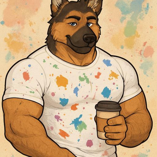 A Full Body and Facial Wallpaper of a Hunky and Chunky a Very Hot and Handsome German Shepard mixed with a Australian Shepard bara furry who is a Artist muscular but not to muscular and Extremely Masculine and Handsome and Ginormous Arms and a Rounded Pecs very Short Strait Hair but tall and a little bit lean. Wearing an All white T-shirt with paint splotch’s everywhere on him. Drinking coffee. As an iPhone Wallpaper