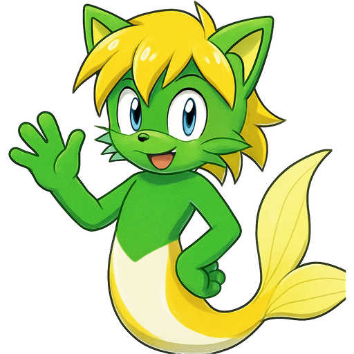 Male green anthro cat with yellow hair with long yellow and white mermaid tail with light yellow fins sonic x style artistic creation, beautiful art