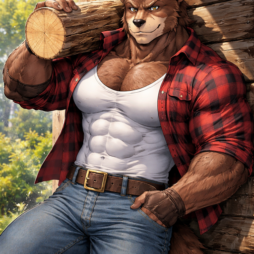 A Full BODY and FACE of Muscular and Buff and a Gigantically Muscular with Chunky Gigantic Pecs AND biceps and a BIG and STOCKY body and Puffy Pecs. VERY Masculine and handsome ANIME Animated Young Bara Furry Grizzly Bear with a VERY Good-looking, Detailed and Mature Face and brown eyes with a wrestler type body. Dressed in a Lumberjack outfit and Jeans. Carrying a Wood on his shoulders Leaning on the wall