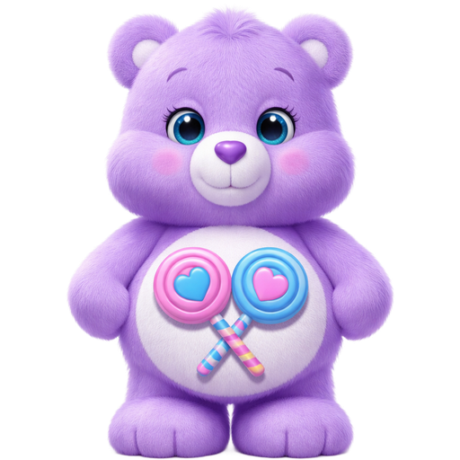 Share Lavender-Purple Care Bear with two Crossed Lollipops with the sticks being blue and pink and the first lollipop to be Pink with a Blue heart in the Middle and the Second Lollipop Being Blue with a Pink Heart in the Middle on its stomach with a Purple Heart nose