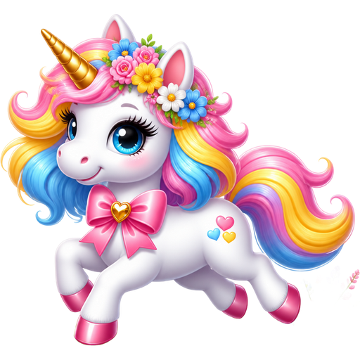 Really pretty pink yellow blue and white unicorn running in a field of flowers also the unicorn has flowers in her hair and a bow make her eyelashes long and black