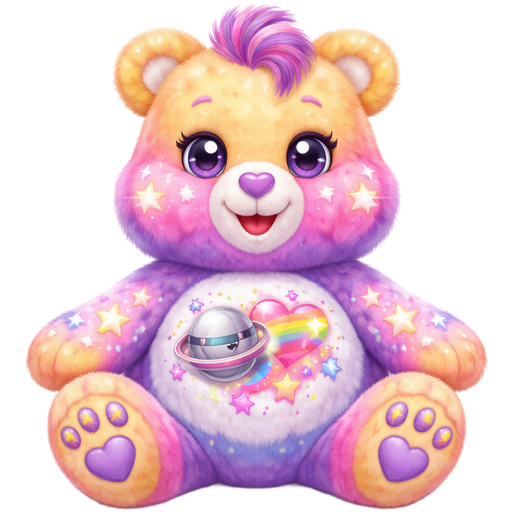 Starlight Love Care Bear with Gradient Pink/Purple Striped Mixed Pattern Fur and Peach Yellow Ears, Paws, Feet and The Upper-Half of the Face is also Peach Yellow with Shooting Stars and Lightning Strikes on the The Paws, Upper Face, Ears and Feet with a Smiling Sliver Saturn with the Ring being Half Silver and Pink Next to a Rainbow Shooting Pink Heart with Yellow, Pink, and Blue Stars Surrounding it on the Stomach with White Twinkles in the pupils of the eyes and Purple and Pink striped Tufts of hair and a Purple Heart Nose
