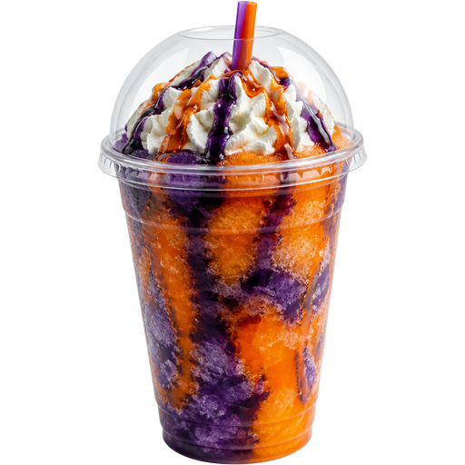 Halloween Shaved with Whipped Cream Ice Slushie in a Plastic Cup and Plastic Dome Lid with a Straw Mixed in with Extra Syrup and it’s Orange and Dark Purple