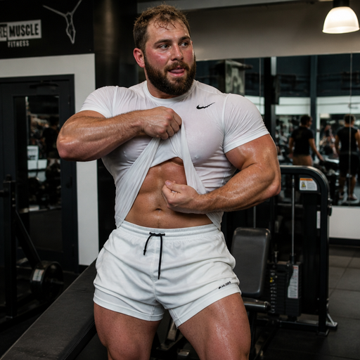 A Real life Full Body Image of a Dad that is at the Gym with Brown hair and Brown Eyes and Beard with Chunky Arms with Pecs strong enough to Hold up a Building with a Defined Stocky Body And Grotesque Wrestling Body and a Tiny Waist Blushing and With Sunburn under his Eyes. Wearing a White athletic Shirt and Shorts and Licking his Lips. Drenched in Sweat. Scratching something under his Shirt