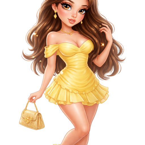 soft airbrushed glam, mini plush Bratz-doll aesthetic, cinematic glow, crisp clean detail, glossy soft skin. brown eyed skinny Petite girl, fair skin with soft freckles, wide face with tall forehead, honey-brown almond wide-set upturned eyes, fluttery lashes, shimmer highlight, plush lips, bottom heavy lip, sweet Belle-princess vibe, brunette hair with visible caramel highlights. softly defined feminine body, soft hourglass shape with full round bust, dressed as modern day chic Belle. hair like Belle. sleek almond nails. peachy-pink blush with shimmer highlight, glossy shimmer lips. posing. full body head to toe showing.Cozy romantic glow, soft warm lighting, pop-princess energy