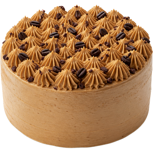 Whole 2-Layered Coffee Cake with Caramel Buttercream Frosting and Cacao Nibs and Coffee Beans with Closed Star Piping Designs on Top