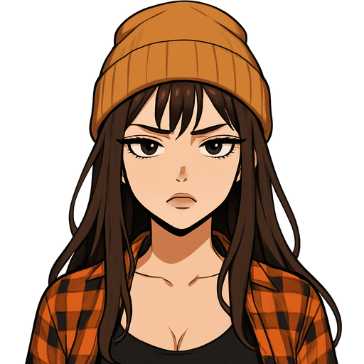 28 year old baddie long dark brown hair with wispy bangs, extra long eyelashes, with a thin nose ring hoop on her nostril, full but not too big lips, wearing a yellowish brown beanie, black low cut tank top with orange and black unbuttoned flannel, looking straight and center, with confused and slightly annoyed face like okkkkkaaaauyy?