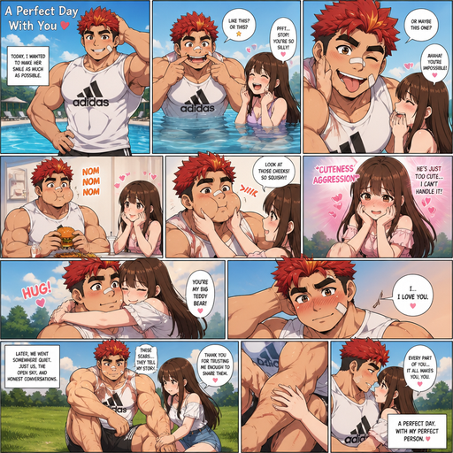 A Full page Anime Comic book story about of a masculine and Bulky ANIME Cute Bara Man American 20 year old with a ROUND and BASIC facial structure and TENAGE BARA CUTE MALE not to detailed With bigger than average Pecs that are visible through the shirt and Biceps and a big Bandaid on his nose and Left Cheek and Right Eye brow. Wearing a no piercings Baggy White Adidas Sleeveless Shirt and Shorts and Red Hair and Bright Orange Hair Tips and Strait with brown eyes and black eyebrows. At the Pool on a Romantic date and makes more funny faces just to see her laugh. They eat and he eats with puffy cheeks and she pinches his cheeks and she had CUTENESS AGGRESSION for him. And then She Hugs Him like a Teddy Bear and He and Saying I love you blushes Hard. And then go to open grass and look at the Scars