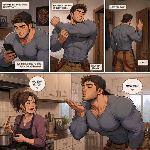 A REALISTIC AND LIFELIKE Comic long STORY of a selfless Fireman who will do anything for his girlfriend Bulky but Muscular ANIME Cute Bara Man With Peach toned skin Who looks Normal and a huge and Masculine round facial Structure and Basic facial structure With Puffy and Big Pecs that are visible through the shirt and Biceps and Bandaid on his nose and Brown Spiky hair and His Hair Curls At the tip of strands. Wearing a nice long sleeved clothing and has a Hairy MANLY body and Small STUBBLE beard. Fireman baseball hat bacwards. Walks out of the room and stretching and Making kissy faces to his mom making her laugh while she‘s making dinner