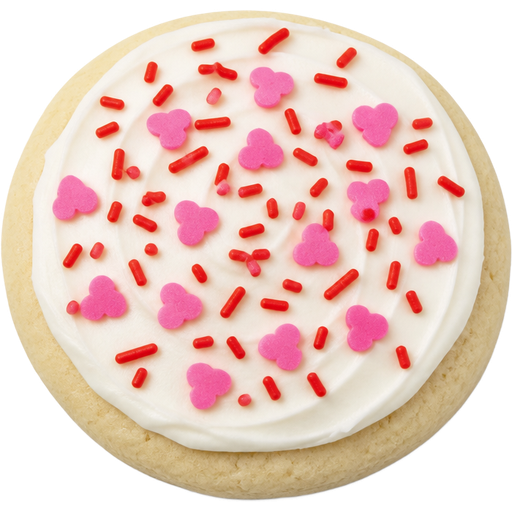 Valentine’s Day Frosted Sugar Cookie with White Vanilla Frosting and Pink Heart Shaped Sprinkles along with Red Sprinkles On the Top