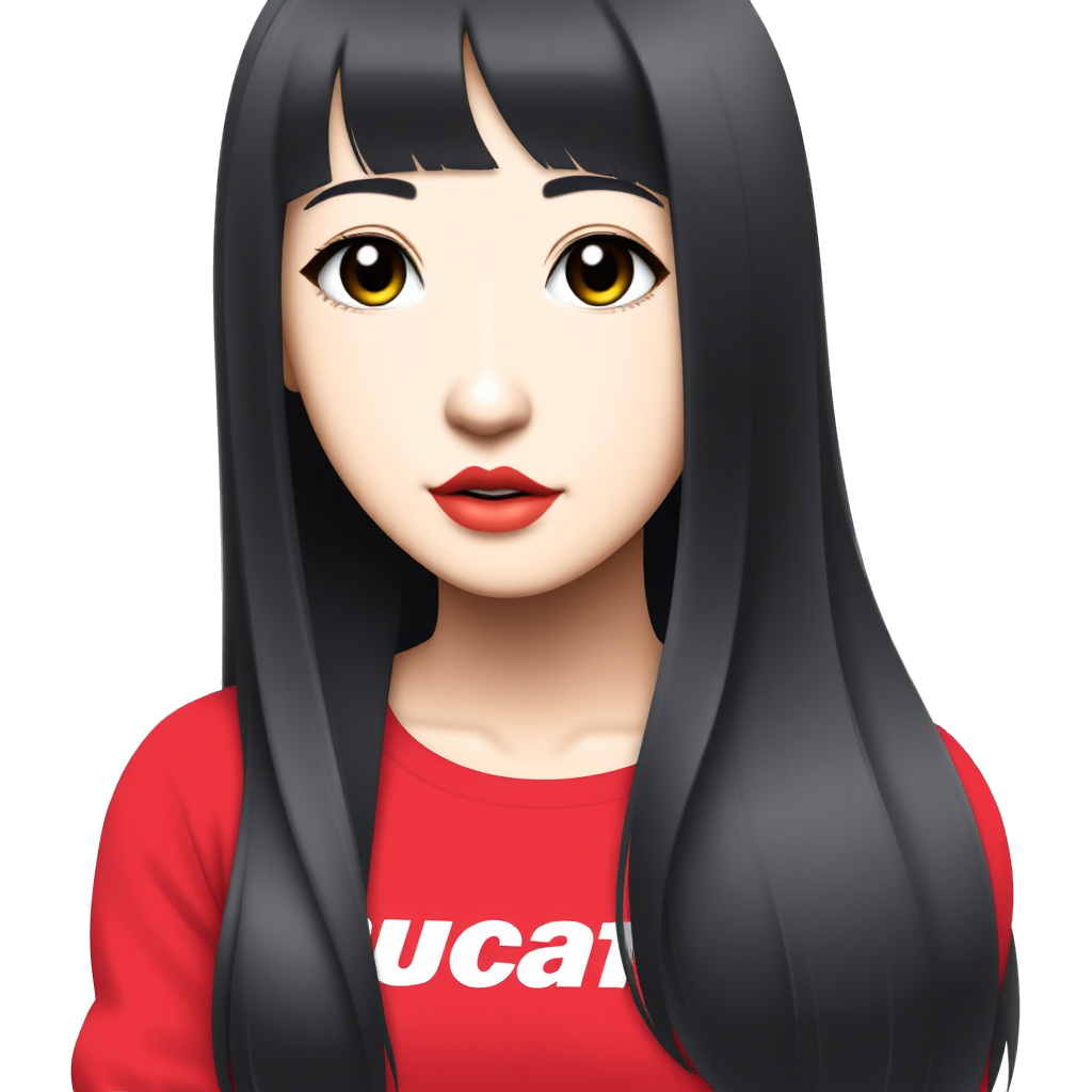 It is a asian girl. Her hair is long black,straight. She also has bangs. She has sakura colored lips, which is glossy. Her eyelashes are long. She wears red long sleeve tee which has 'ducati' sign on it.