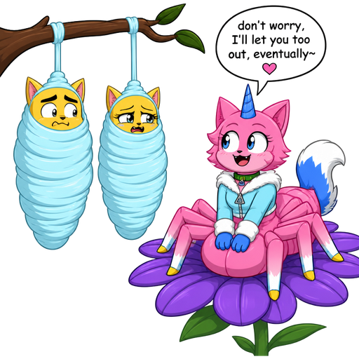 wrapped up and mummified fully covered in a #B8FFFF spider slik cocoon shaped like male anthro yellow cat anthro worried with arms behind back with #B8FFFF spider slik wrappings completely covered with thick layers non-transparent #B8FFFF spider slik wrappings hanged to the branch on the left side next to wrapped up and mummified fully covered in a #B8FFFF spider slik cocoon shaped like female anthro yellow cat girl anthro whimpering arms behind back with #B8FFFF spider slik wrappings completely covered with thick layers non-transparent #B8FFFF spider slik wrappings hanged to the branch on the the right side next to happy femboy anthro furry pink cat drider with blue and white tail white wrists blue hands white ankles yellow tips on eight spider legs green collar blue unicorn horn based on unikitty wearing everest's clothing sitting on a purple flower don't worry, I'll let you too out, eventually~