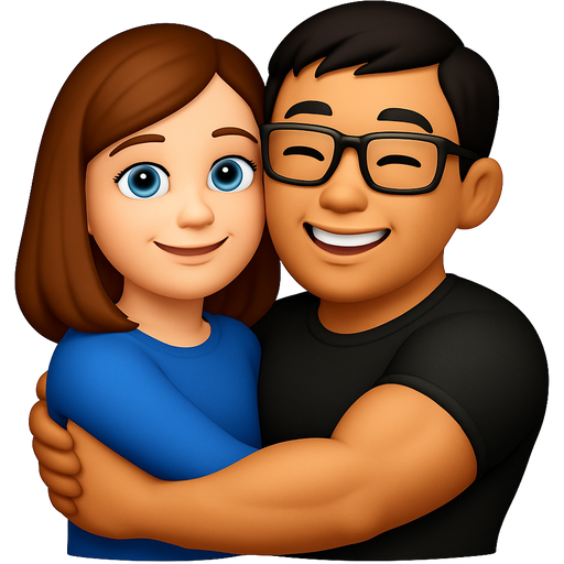 Hug between a girl with blue eyes and brown hair and an boy Asian with brownish skin Korean with glasses great emoji people smiles the girl wears blue the guy wears black and the guy is super strong with big muscles