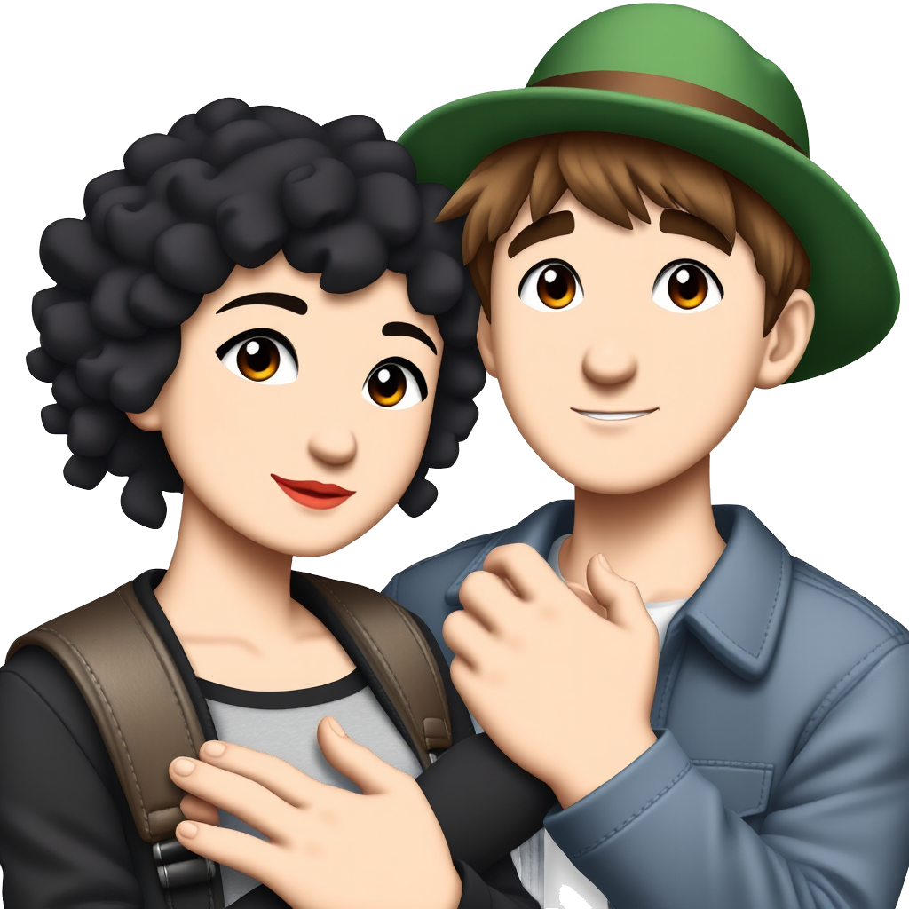 Couple of people holding each other, one goth girl whit curly black hair and brown eyes and one boy with brown hair and brown eyes and a green hat