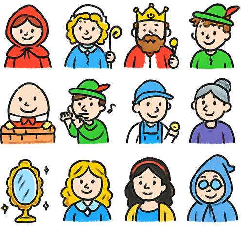 Little Red Riding Hood, Little Bo Peep King Cole, Peter, Humpty Dumpty Pied Piper, Simple Simon, McDowner Old Woman in the Shoe Mambo, Magic Mirror Goldilocks, Lucy Snow White Grimm Queen Grace, Fairy Godmother Priest, Rumplestiltskin Lady Vain McHugh Munk